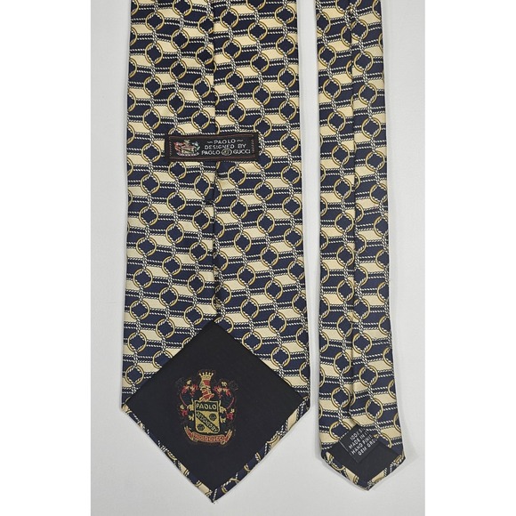PAOLO GUCCI 100% Silk Tie‎ Made in Italy-Yellow Gold Navy Blue Chain Designer - Picture 5 of 7